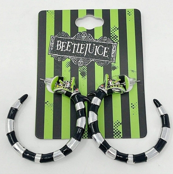 Beetle juice sand worm stripe earrings Halloween costumes New stripe hoops silve - Picture 2 of 13